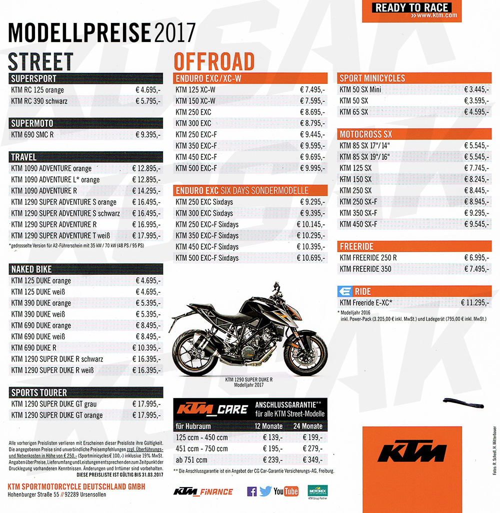 KTM Preisliste 2017